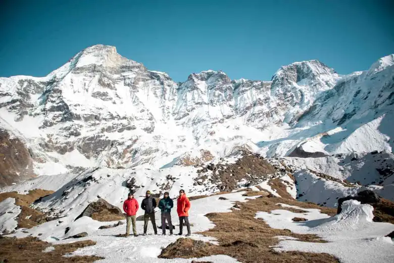 Api Base Camp Trek Group Photo in front of Mt. Babai